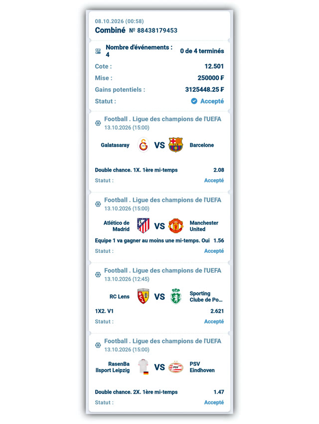 Combiné Ligue des champions · 13 oct. cote 12.50 — Cousin Marc