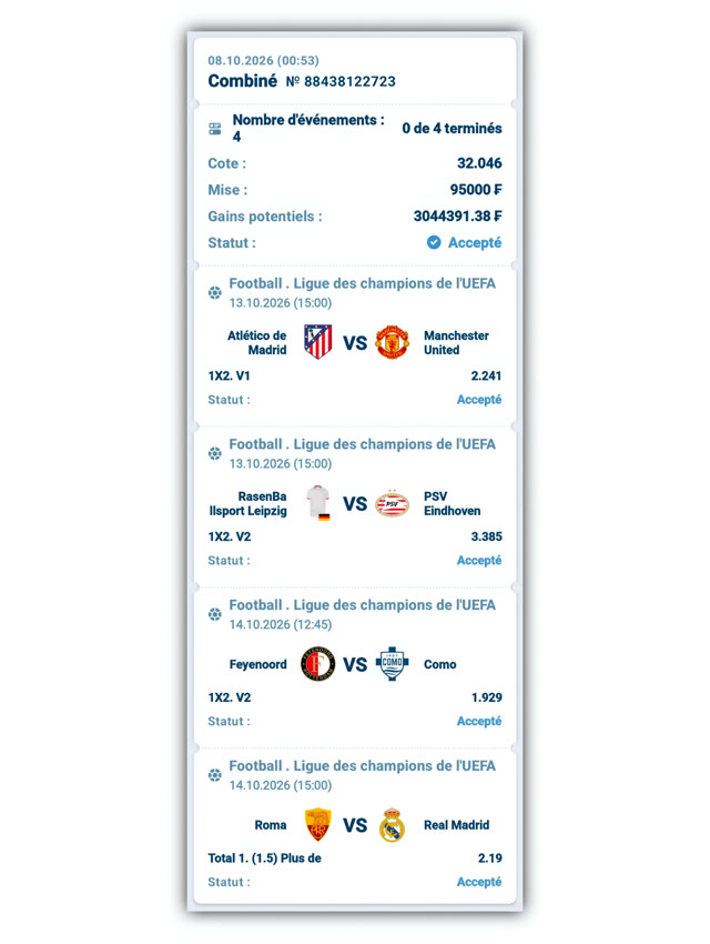 Combiné Ligue des champions · 13-14 oct. cote 32.04 — Cousin Marc