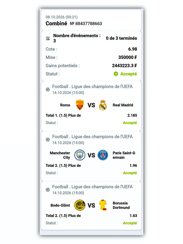 Combiné Ligue des champions · 14 oct. cote 6.98 — Cousin Marc